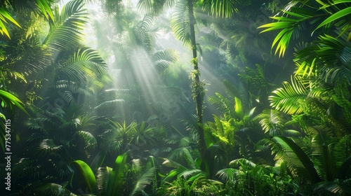 Detailed tropical rainforest at sunrise with sunlight filtering through dense canopy