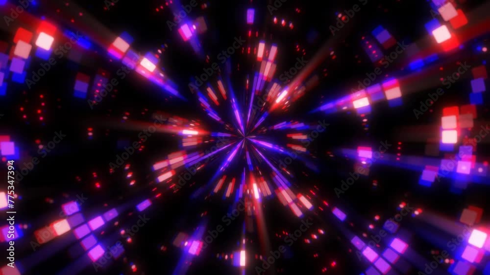 Vibrant blue red gradient background. Endless spinning futuristic cubes, lines and rays. Abstract colorful retro glowing hypnosis