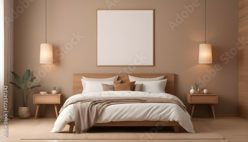 Minimal interior design bedroom with beige cozy tone style  decorate with wooden bed  lamp  white pillows  table  and brown tone background  empty wall for mock up and banner  with Generative Ai. 