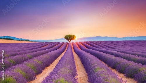 Lavender field summer sunset landscape near Valensole. Provence, France. Wonderful nature scenery, artistic sunset light with blurred background, inspirational nature view. Beautiful peaceful scene  photo