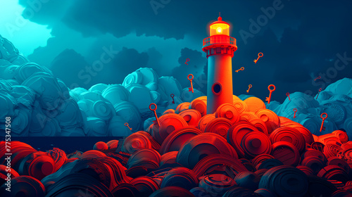 A vibrant lighthouse on a hill of red and blue fabrics with floating keys in the sky photo