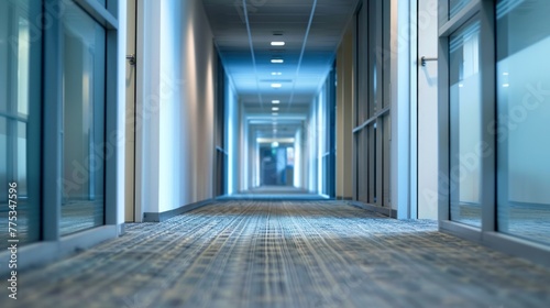 Spooky corridor in modern office building with dim lighting and eerie atmosphere, perfect for halloween-themed designs or haunted office concepts