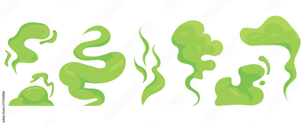 Set of green smoke of different shapes and sizes in cartoon style. Vector illustration of green smoke with an unpleasant, stinky smell, isolated on a white background. It stinks from the garbage can. Set of green smoke of different shapes and sizes in cartoon style. Vector illustration of green smoke with an unpleasant, stinky smell, isolated on a white background. It stinks from the garbage can.