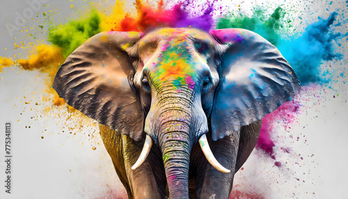 Vivid Display: Colorful Rainbow Holi Paint Powder Explosion Featuring Elephant at the Forefront