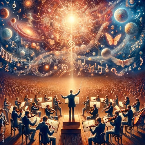 An artistic representation of a conductor leading an orchestra with celestial bodies and musical notes symbolizing a cosmic harmony