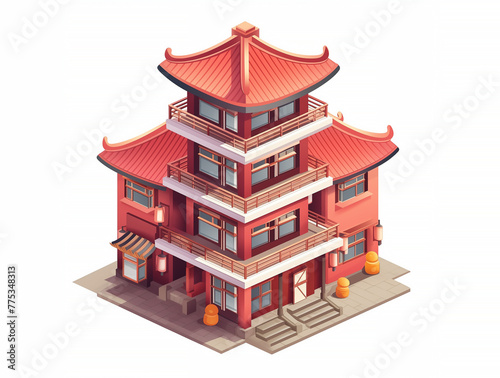 Isolated isometric cartoon illustration of a multi-story city asian Japanese building. AI generated.