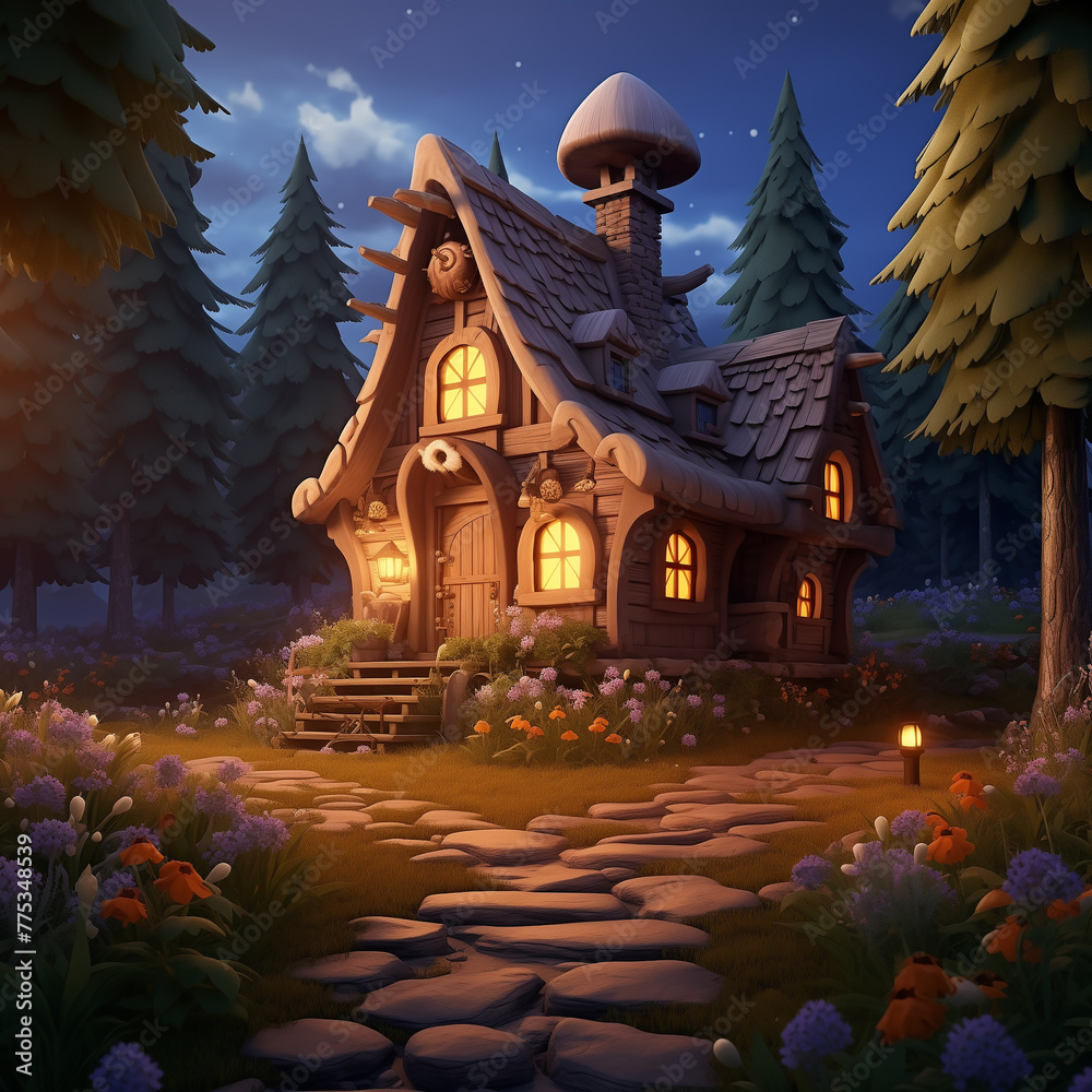 Fototapeta premium Illustration of a cartoon night landscape. Wooden fairy house, old hut with light in the window. Night forest, moonlight. AI generated.