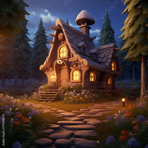 Illustration of a cartoon night landscape. Wooden fairy house, old hut with light in the window. Night forest, moonlight. AI generated.