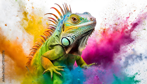 Vibrant Burst  Colorful Rainbow Holi Paint Powder Explosion with Iguana in Focus