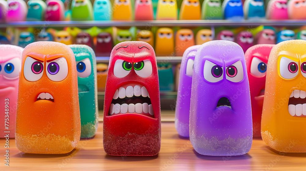 Row of colorful, animated erasers with expressive faces showing various emotions on a shelf