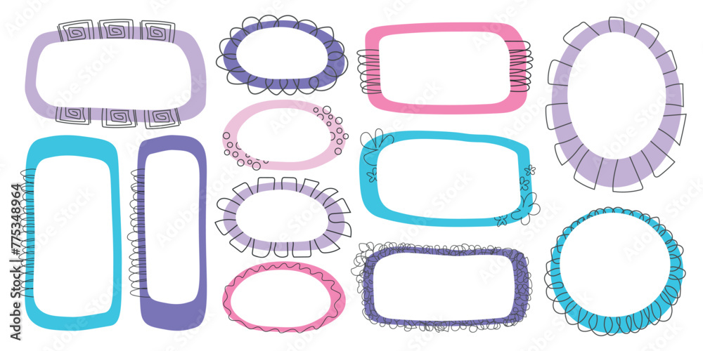 Set of hand drawn frames for text. Color blank template. Collection of frames in doodle style