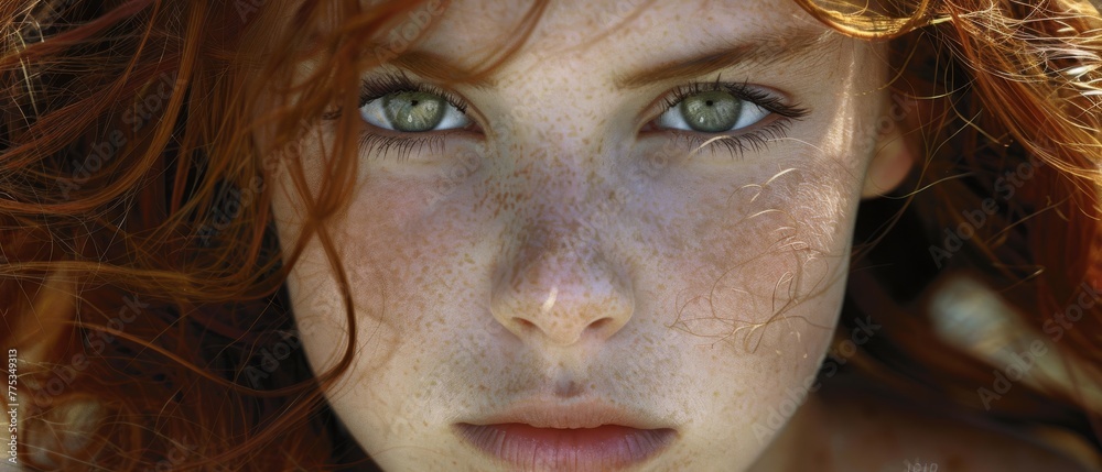 Close-up of a woman's face with freckles all over her face Close-up of a woman's face with freckles all over her face