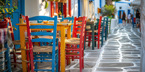 Chairs with tables in a typical Greek tavern in Little Venice part of Mykonos town, Mykonos island, Greece