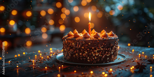 Celebración primer año, meta, logro o cumpleaños, hito importante, tarta estilo marquesa de chocolate decorada con frutos secos y suspiros de merengue de café, luces tenues e la mesa y fondo