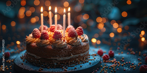 Colorida tarta tercer cumpleaños, globos decorativos en rosa y azul, 3 velas encendidas, crema, chispas o perlas de azúcar, luces difuminadas al fondo espacio para copy photo