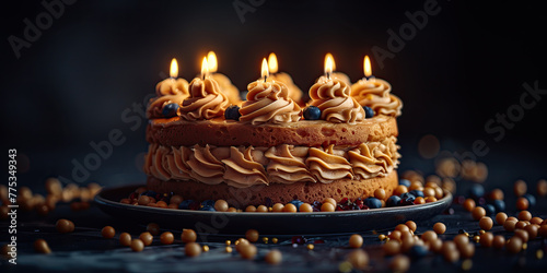 Receta tarta de café cremoso con galletas al estilo Tiramisú,  celebración de aniversario, frutillas del bosque, velas encendidas, fondo oscuro, bolitas dulces de caramelo, tofe, arándanos, al centro photo