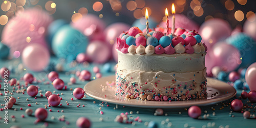Colorida tarta tercer cumpleaños, globos decorativos en rosa y azul, 3 velas encendidas, crema, chispas o perlas de azúcar, luces difuminadas al fondo espacio para copy photo