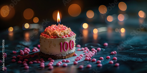 Tarta 100 aniversario, elementos decorativos en rosa, una vela encendida, crema, número 100 en rosa, luces difuminadas al fondo espacio para copy photo