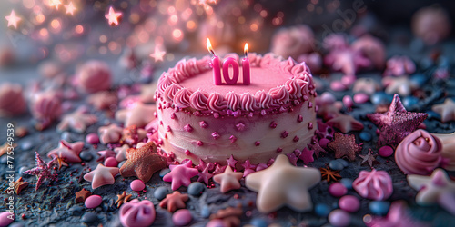Celebración de 101 años, mas que un centenar, tarta rosa en crema con decoraciones varias, desde perlas, estrellas, rosas, luces, velas, fondo azulado  photo
