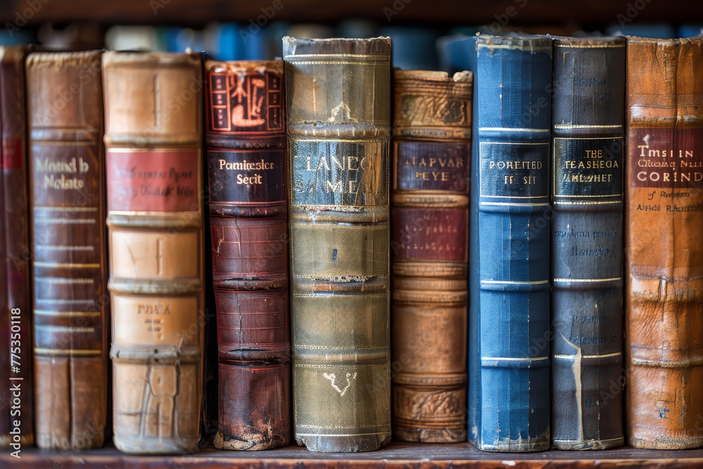 A row of old books with titles such as The Time Machine and The Time Machine A row of old books with titles such as The Time Machine and The Time Machine