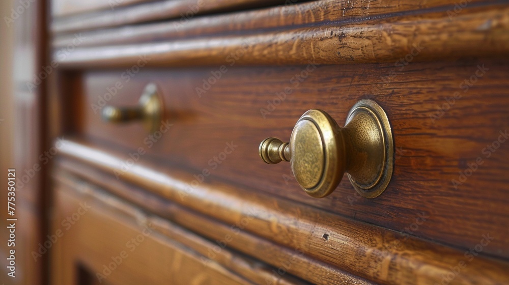 Close-Up Detail of Old Wooden Cabinet with Brass Handle Close-Up Detail of Old Wooden Cabinet with Brass Handle