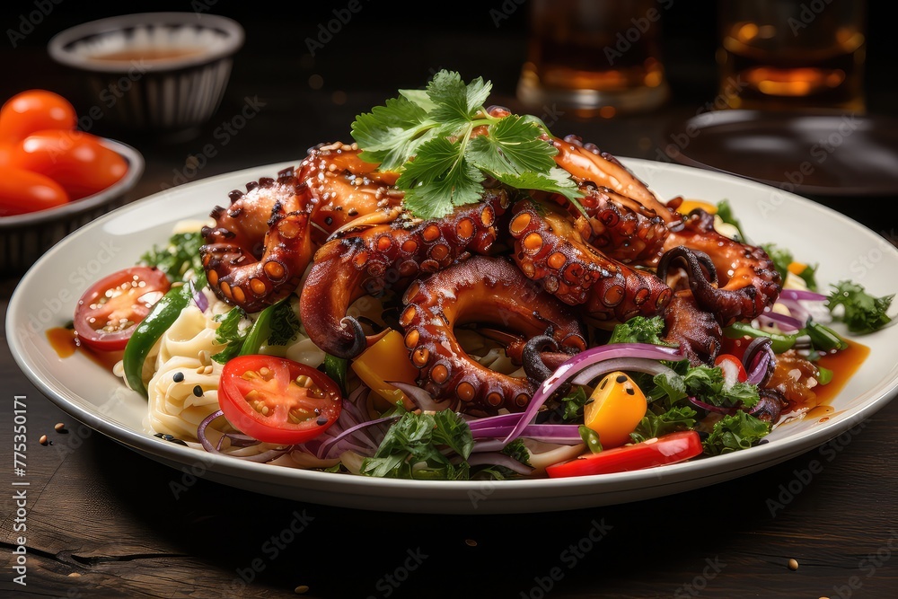 Tasty octopus salad! Warm and delightful. Mixed with stir-fried veggies, served on a white plate. Enjoy the delicious combo! 