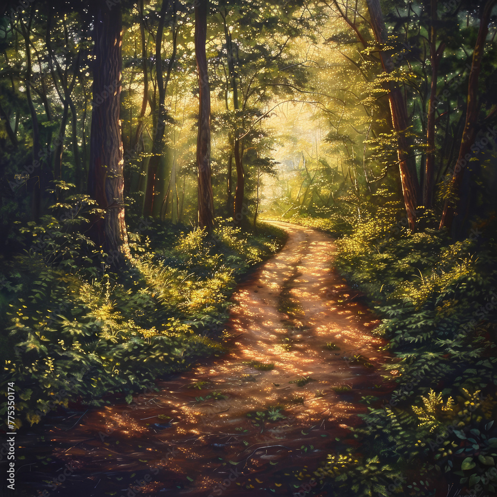 Sunlit Path Winding Through a Lush Green Forest Sunlit Path Winding Through a Lush Green Forest