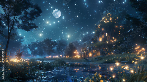 Elves dancing under the stars in a moonlit clearing