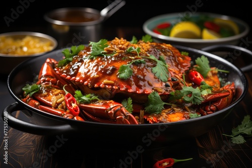 Yummy Indonesian dish! Kepiting saus Padang, with tasty crab and corn. Enjoy the delicious seafood goodness - photo