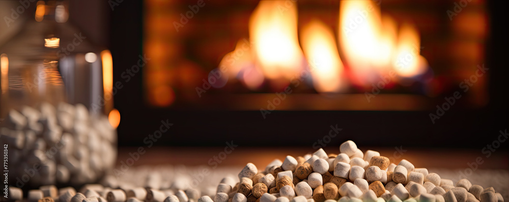 Compressed wood pellets infront of fireplace. Firewood copy space for your text. Compressed wood pellets infront of fireplace. Firewood copy space for your text.