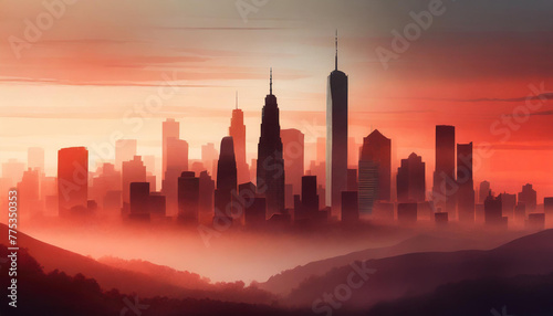 Illustration of cityscape skyline with foggy sunrise. Modern buildings. Abstract art. Red tones.