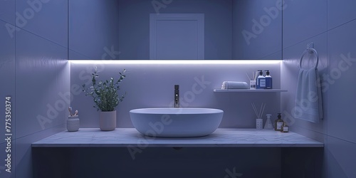 Interior of a bathroom with a shelf above the sink and space for a mirror or bedside table.