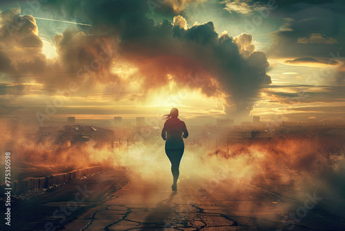 Woman Running Towards the Light in Apocalyptic City