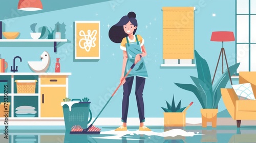 Cheerful woman enjoying domestic chores: cleaning home with mop and beaming with joy © Ashi