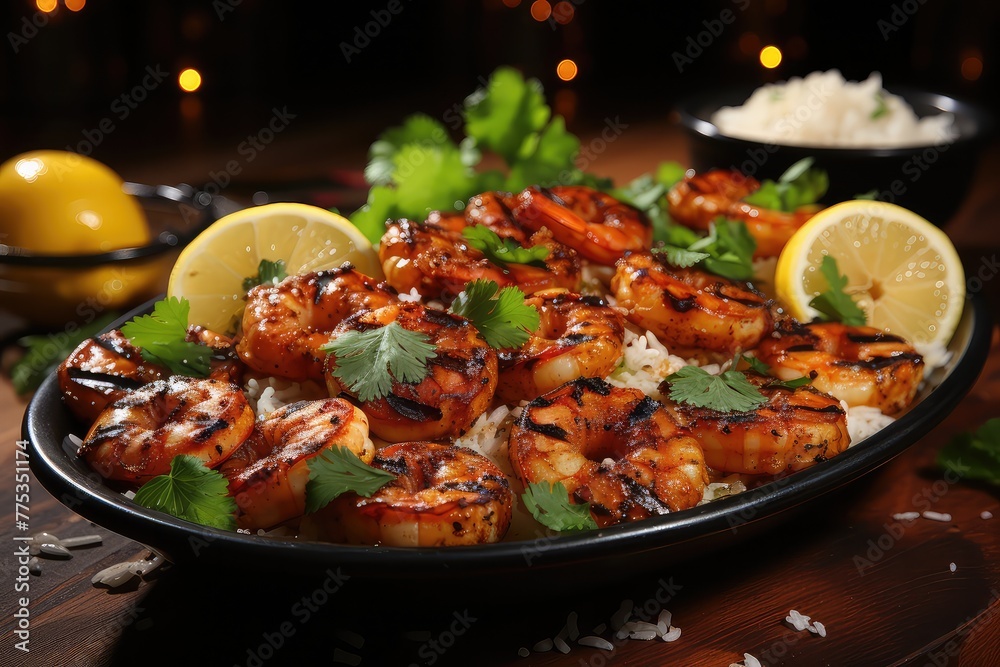 Tasty grilled tiger shrimp skewers! Cooked to perfection, served with a zesty touch of lemon. Enjoy the flavorful goodness! 