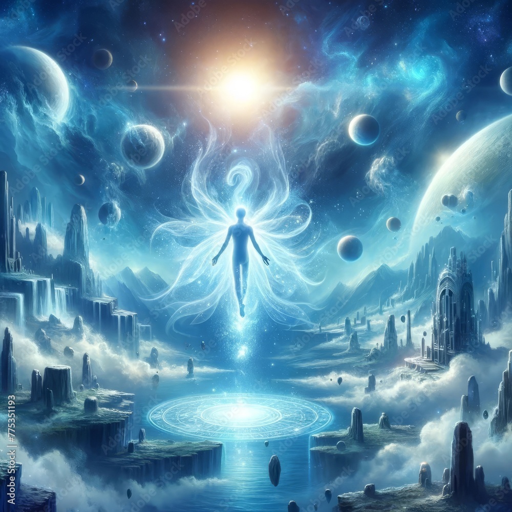 Obraz premium An otherworldly scene depicting a celestial spirit's awakening amidst an expansive cosmic landscape with planets and stars