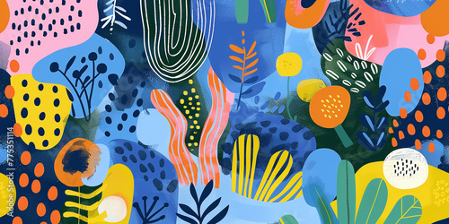 Fototapeta Naklejka Na Ścianę i Meble -  Abstract exotic handmade print. Contemporary collage with different shapes and textures of plants and flowers. Groovy drawing in cartoon style