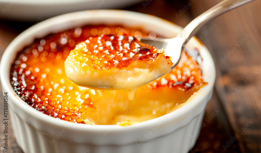 A classic Creme brulee, served in a ramekin, with a spoon breaking through the caramelized surface of the dessert. A classic Creme brulee, served in a ramekin, with a spoon breaking through the caramelized surface of the dessert.