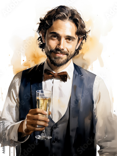 Handsome young man holding a glass of champagne on a white background. Watercolor illustration.