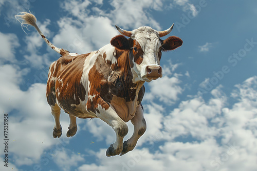 Cow Jumping in Air with Rocks and Blue Sky