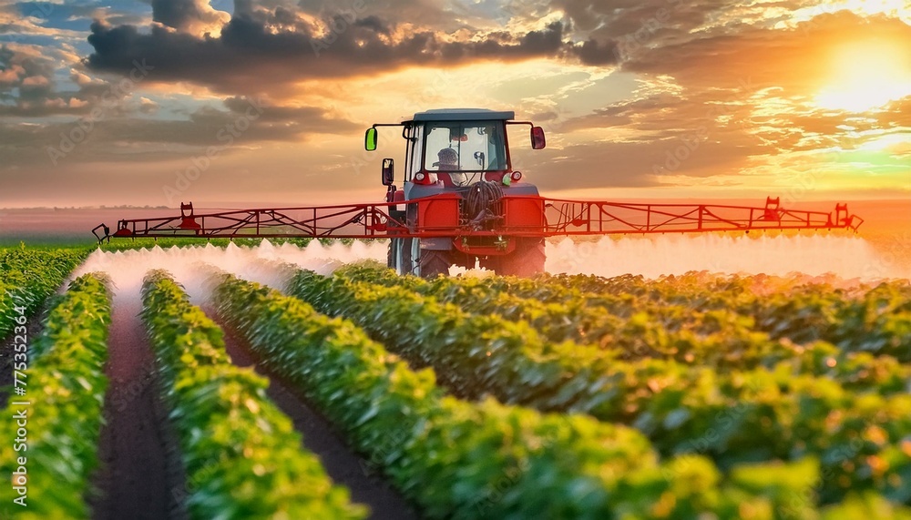 Springtime Defense: Farmer Sprays Pesticide in Soybean Field for Crop Protection