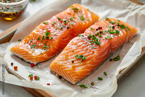 Fresh salmon fillets seasoned with herbs