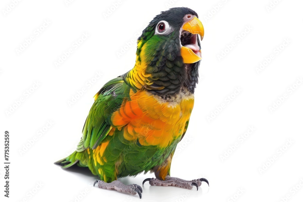 parrot sits and sing micro Isolated on solid white background