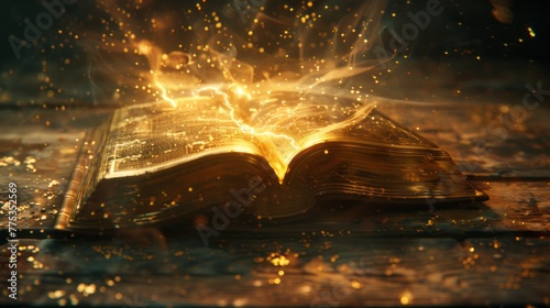 Enchanting ancient tome unveiled on wooden table amidst sparkling golden aura, crackling with magical lightning in darkened chamber photo