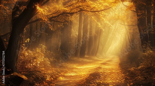 Picturesque photo of a forest: Beautiful late summer or early autumn perfect natural landscape background, defocused blurred yellow trees in the woods with wild grass and golden sun beams