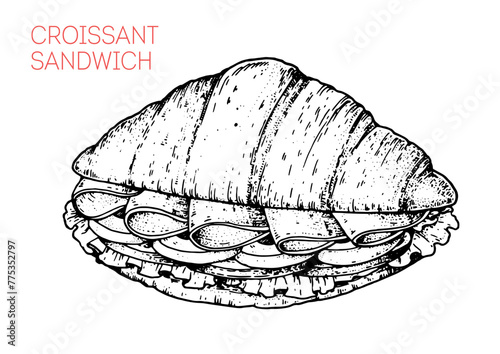 Croissant sandwich sketch. Hand drawn vector illustration.