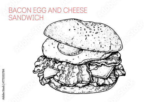 Sandwich with egg, bacon and cheese sketch. Hand drawn vector illustration.