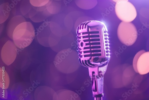 Podcast concept, microphone on purple blurry background