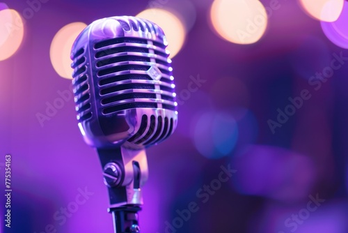 Podcast concept, microphone on purple blurry background