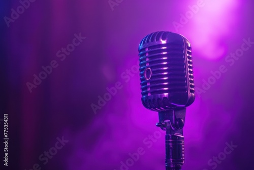 Podcast concept, microphone on purple blurry background